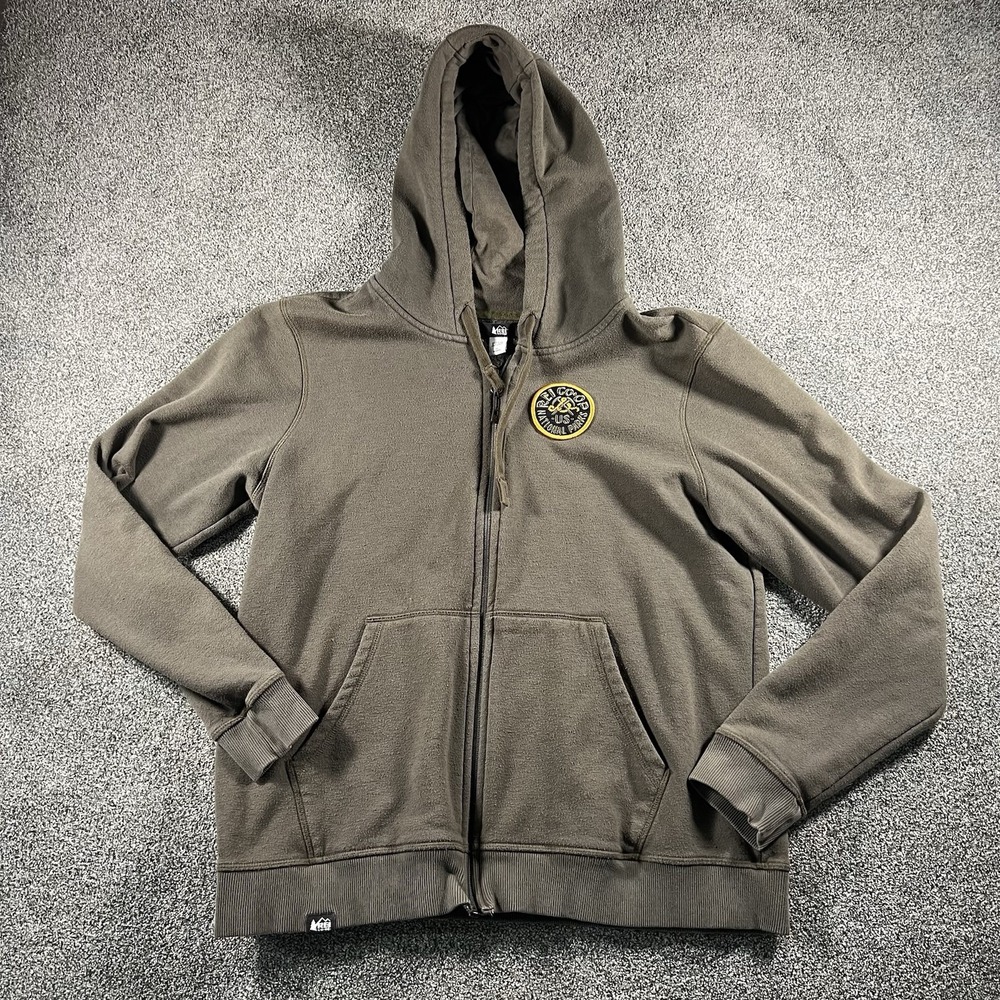 REI Co-op Full Zip Hoodie Olive Green Women's XL Fleece Outdoor Jacket Patch